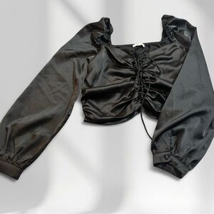 Chic Black Satin Lace-Up Blouse